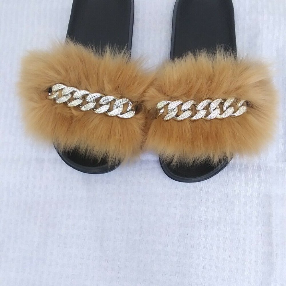 Brown Faux Fur Slides/Slippers/With Chain - Picture 7 of 9